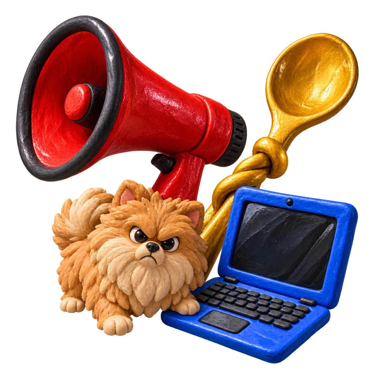 Clay props: a megaphone, stirring spoon, grumpy dog and laptop